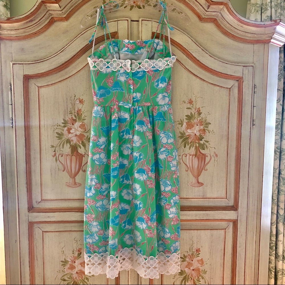 Vintage Lilly Pulitzer Green Floral Midi Dress with White Lace Trim - Picture 5 of 6